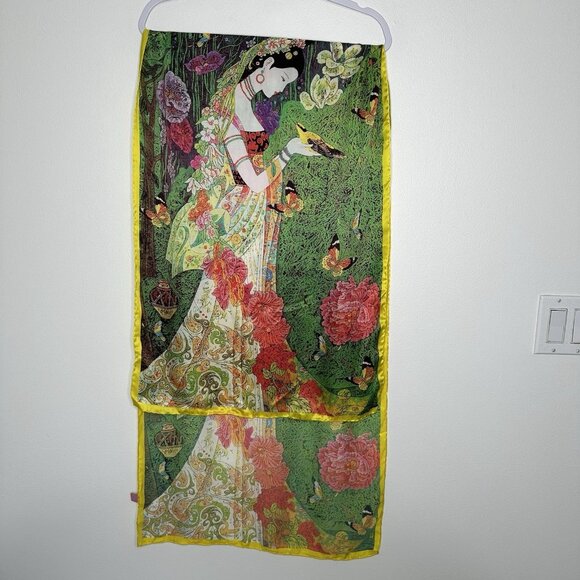 Asian Inspired Silk Scarf Floral Butterflies Bird OS - Picture 2 of 9